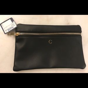 Black Faux Leather Monogrammed Pouch with letter C